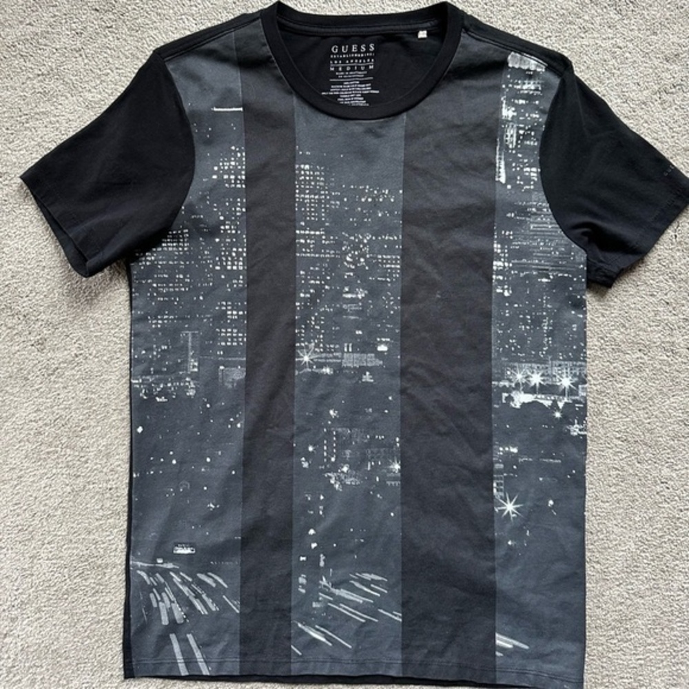 Guess Los Angeles Mens City Skyline Graphic‎ T-Shirt Black Medium Nightscape Tee
